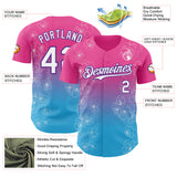 Custom Pink White Sky Blue-Purple Cherry Blossoms Sakura Gradient Authentic Baseball Jersey