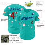 Custom Aqua Red-Royal Cherry Blossoms Sakura Authentic Baseball Jersey