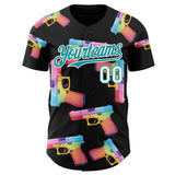 Custom Black Teal-White Colorful Firepower 3D Pattern Design Authentic Baseball Jersey