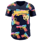Custom Navy Gold-White Colorful Firepower 3D Pattern Design Authentic Baseball Jersey