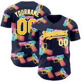Custom Navy Gold-White Colorful Firepower 3D Pattern Design Authentic Baseball Jersey