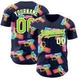 Custom Navy Neon Green-White Colorful Firepower 3D Pattern Design Authentic Baseball Jersey