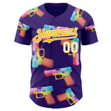 Custom Purple Gold-White Colorful Firepower 3D Pattern Design Authentic Baseball Jersey