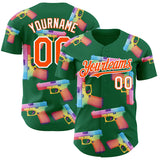 Custom Kelly Green Orange-White Colorful Firepower 3D Pattern Design Authentic Baseball Jersey