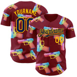 Custom Crimson Navy-Gold Colorful Firepower 3D Pattern Design Authentic Baseball Jersey