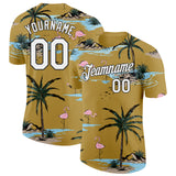 Custom Old Gold White-Black Tropical Hawaii Palm Trees Summer Beach Flamingo Performance T-Shirt