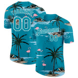 Custom Teal-White Tropical Hawaii Palm Trees Summer Beach Flamingo Performance T-Shirt