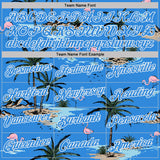 Custom Powder Blue-White Tropical Hawaii Palm Trees Summer Beach Flamingo Performance T-Shirt