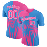 Custom Powder Blue Pink-White Hawaii Tropical Coastal Palm Trees Performance T-Shirt