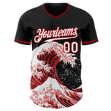 Custom Black White-Red Japanese Wave 3D Pattern Design Authentic Baseball Jersey