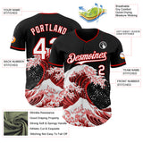Custom Black White-Red Japanese Wave 3D Pattern Design Authentic Baseball Jersey