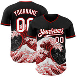 Custom Black White-Red Japanese Wave 3D Pattern Design Authentic Baseball Jersey