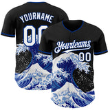 Custom Black White-Royal Japanese Wave 3D Pattern Design Authentic Baseball Jersey
