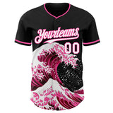 Custom Black White-Pink Japanese Wave 3D Pattern Design Authentic Baseball Jersey