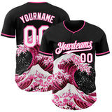Custom Black White-Pink Japanese Wave 3D Pattern Design Authentic Baseball Jersey