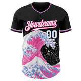 Custom Black White Pink-Light Blue Japanese Wave 3D Pattern Design Authentic Baseball Jersey