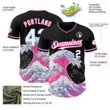 Custom Black White Pink-Light Blue Japanese Wave 3D Pattern Design Authentic Baseball Jersey