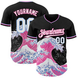 Custom Black White Pink-Light Blue Japanese Wave 3D Pattern Design Authentic Baseball Jersey