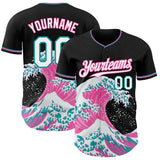 Custom Black White Pink-Teal Japanese Wave 3D Pattern Design Authentic Baseball Jersey
