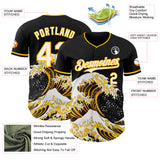 Custom Black White-Gold Japanese Wave 3D Pattern Design Authentic Baseball Jersey
