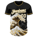 Custom Black White-Old Gold Japanese Wave 3D Pattern Design Authentic Baseball Jersey