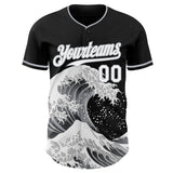 Custom Black White-Gray Japanese Wave 3D Pattern Design Authentic Baseball Jersey