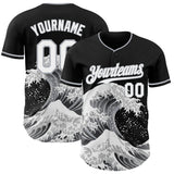 Custom Black White-Gray Japanese Wave 3D Pattern Design Authentic Baseball Jersey