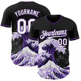 Custom Black White-Purple Japanese Wave 3D Pattern Design Authentic Baseball Jersey