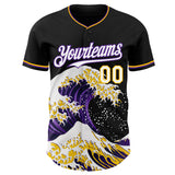 Custom Black White Purple-Gold Japanese Wave 3D Pattern Design Authentic Baseball Jersey