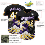 Custom Black White Purple-Gold Japanese Wave 3D Pattern Design Authentic Baseball Jersey
