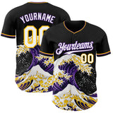 Custom Black White Purple-Gold Japanese Wave 3D Pattern Design Authentic Baseball Jersey