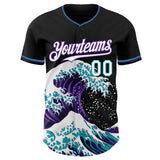 Custom Black White Purple-Teal Japanese Wave 3D Pattern Design Authentic Baseball Jersey