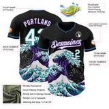 Custom Black White Purple-Teal Japanese Wave 3D Pattern Design Authentic Baseball Jersey