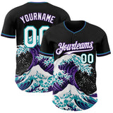 Custom Black White Purple-Teal Japanese Wave 3D Pattern Design Authentic Baseball Jersey