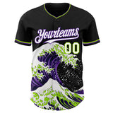 Custom Black White Purple-Neon Green Japanese Wave 3D Pattern Design Authentic Baseball Jersey