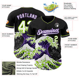 Custom Black White Purple-Neon Green Japanese Wave 3D Pattern Design Authentic Baseball Jersey