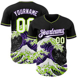 Custom Black White Purple-Neon Green Japanese Wave 3D Pattern Design Authentic Baseball Jersey