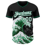 Custom Black White-Kelly Green Japanese Wave 3D Pattern Design Authentic Baseball Jersey