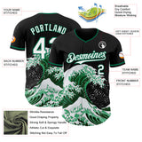 Custom Black White-Kelly Green Japanese Wave 3D Pattern Design Authentic Baseball Jersey
