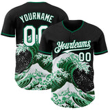Custom Black White-Kelly Green Japanese Wave 3D Pattern Design Authentic Baseball Jersey
