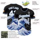 Custom Black White-Light Blue Japanese Wave 3D Pattern Design Authentic Baseball Jersey