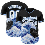 Custom Black White-Light Blue Japanese Wave 3D Pattern Design Authentic Baseball Jersey
