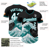 Custom Black White-Teal Japanese Wave 3D Pattern Design Authentic Baseball Jersey