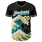 Custom Black White Teal-Yellow Japanese Wave 3D Pattern Design Authentic Baseball Jersey