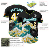 Custom Black White Teal-Yellow Japanese Wave 3D Pattern Design Authentic Baseball Jersey