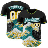 Custom Black White Teal-Yellow Japanese Wave 3D Pattern Design Authentic Baseball Jersey