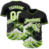 Custom Black White-Neon Green Japanese Wave 3D Pattern Design Authentic Baseball Jersey