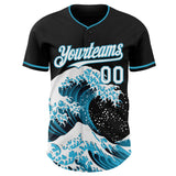 Custom Black White-Panther Blue Japanese Wave 3D Pattern Design Authentic Baseball Jersey