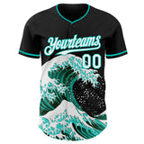 Custom Black White-Aqua Japanese Wave 3D Pattern Design Authentic Baseball Jersey