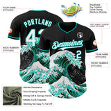 Custom Black White-Aqua Japanese Wave 3D Pattern Design Authentic Baseball Jersey